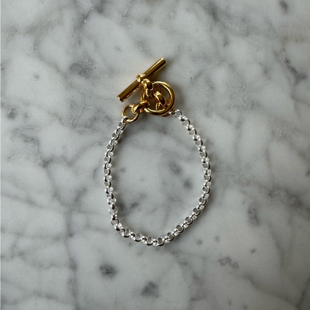 Tilly Sveaas Small Silver and Gold T-bar Clasp on Belcher Chain Bracelet